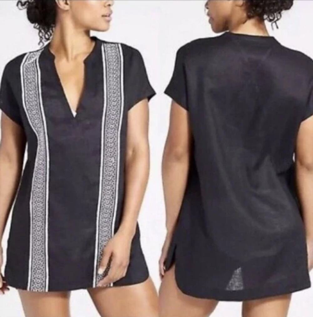 Athleta XXS Black Embroidered Sea Salt Swim Cover Up Linen